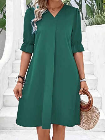 Reka Moda Kadın Kısa Kollu V Yakalı Salaş Janjan Krep Elbise