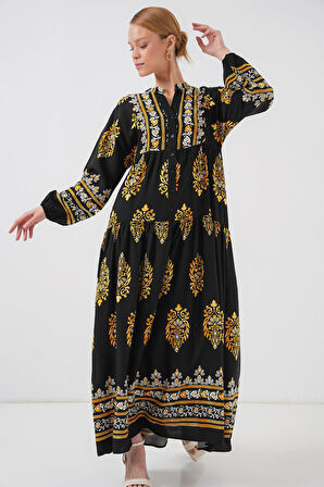 Reka Moda 2423 Otantik Desenli Tesettür Elbise - Siyah 6