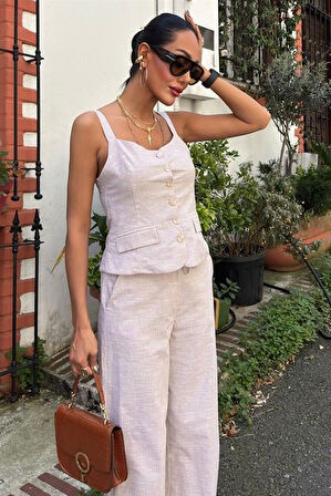 Reka Moda Kalın Askılı Bluz Pantolon Keten Takım 10187