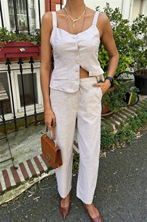 Reka Moda Kalın Askılı Bluz Pantolon Keten Takım 10187