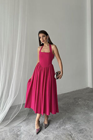 Reka Moda Fuşya Boyundan Bağlamalı Keten Elbise