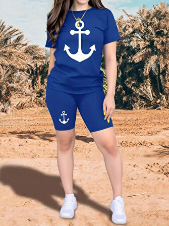 Reka Moda Kadın Kısa Kollu çapa Baskılı Viskon Ikili Takım