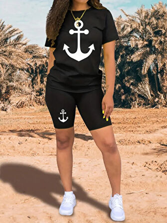 Reka Moda Kadın Kısa Kollu çapa Baskılı Viskon Ikili Takım