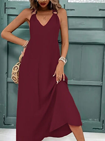 Reka Moda Kadın Askılı V Yakalı Halka Detaylı Maksi Boy Viskon Elbise