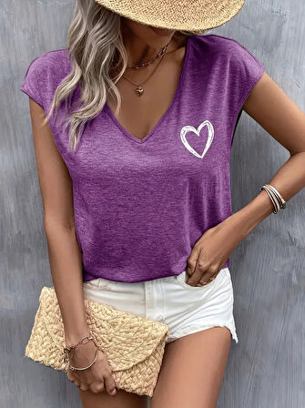 Reka Moda Kadın Kısa Kollu V Yakalı Kalp Baskılı Viskon Bluz