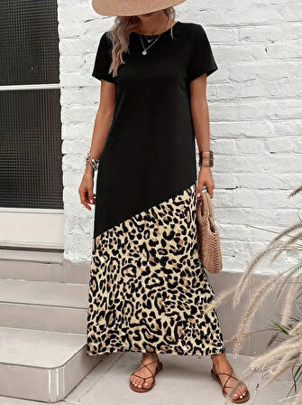 Reka Moda Kadın Kısa Kollu Bisiklet Yaka Leopar Detaylı Midi üst Viskon Alt Süprem Elbise