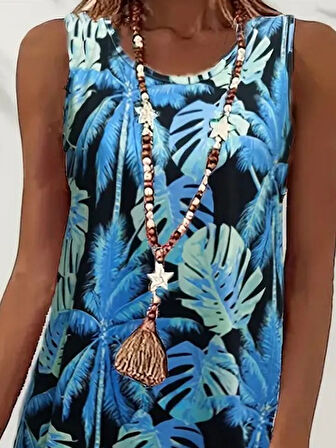 Reka Moda Kadın Mavi Yaprak Baskılı Askılı Süprem Elbise