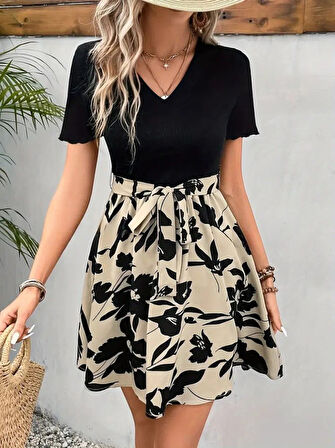 Reka Moda Kadın Kısa Kollu V Yakalı Belden Kuşaklı çiçek Desenli üst Viskon Alt Süprem Elbise