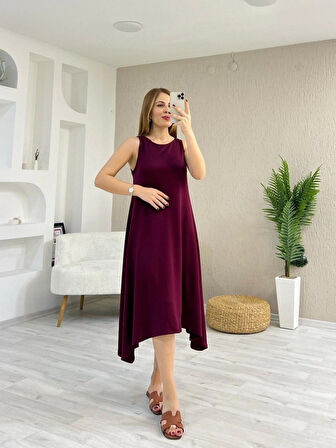 Reka Moda Kadın Askılı Yuvarlak Yakalı Asimetrik Kesim Detaylı Viskon Elbise