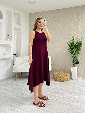 Reka Moda Kadın Askılı Yuvarlak Yakalı Asimetrik Kesim Detaylı Viskon Elbise