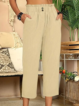 Reka Moda Kadın Bel Büzgü Ve Düğme Detay Kapri Keten Pantolon
