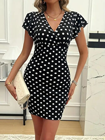 Reka Moda Kadın Kısa Kollu Kruvaze Yakalı örme Puantiyeli Krep Elbise