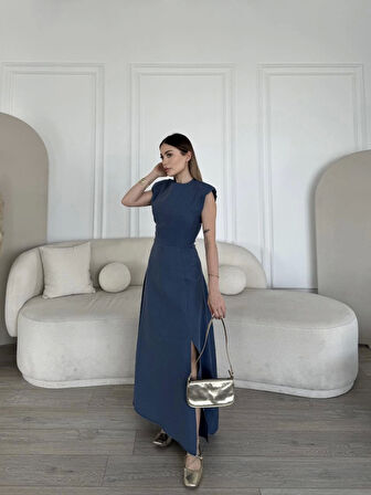 Reka Moda Keten Yandan Yırtmaçlı  Uzun Sıfır Kolsuz Elbise - Mavi