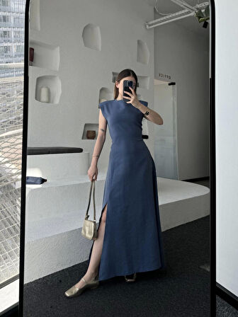 Reka Moda Keten Yandan Yırtmaçlı  Uzun Sıfır Kolsuz Elbise - Mavi
