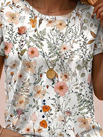 Reka Moda Kadın Kısa Kollu Bisiklet Yaka çiçek Desenli Viskon Bluz