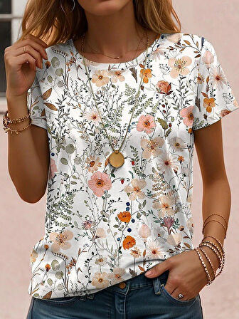 Reka Moda Kadın Kısa Kollu Bisiklet Yaka çiçek Desenli Viskon Bluz