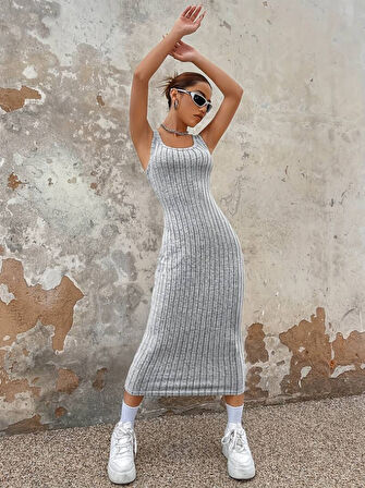 Reka Moda Kadın Kalın Askılı Kare Yaka Fitilli Kaşkorse Midi Boy Elbise