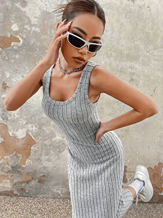 Reka Moda Kadın Kalın Askılı Kare Yaka Fitilli Kaşkorse Midi Boy Elbise