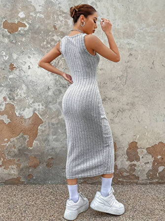 Reka Moda Kadın Kalın Askılı Kare Yaka Fitilli Kaşkorse Midi Boy Elbise