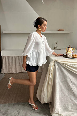 Reka Moda KETEN BLUZ ÖNDEN BAĞLAMALI FIRFIR DETAYLI - Beyaz