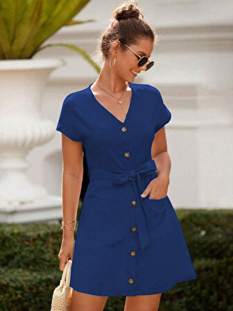 Reka Moda Kadın Kısa Kollu V Yakalı önden Düğmeli Belden Kuşaklı Cepli Sofya Elbise
