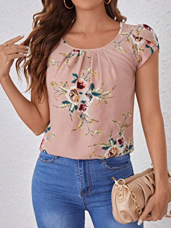 Reka Moda Kadın Kısa Kollu Bisiklet Yaka çiçek Baskılı Süprem Bluz
