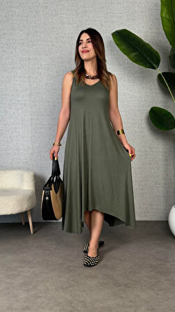 Reka Moda Kadın çan Dokuma Kumaş V Yaka Asimetrik Kesim Elbise