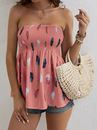 Reka Moda Kadın Yaprak Desenli Göğsü Gipeli Mosskrep Straplez Bluz