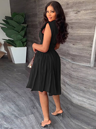 Reka Moda Kadın Yakalı Belden Oturmalı önden Büzgülü Dokuma Mini Elbise