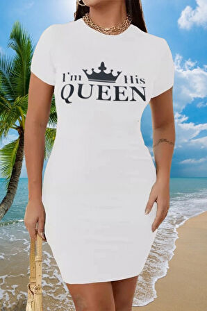 Reka Moda Kadın Kısa Kollu Queen Baskı Iki Iplik Mini Elbise