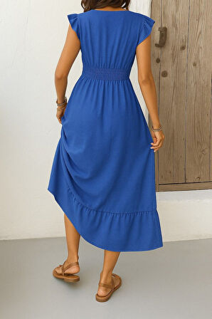 Reka Moda Kadın Kısa Kelebek Kollu Kruvaze Yakalı Beli Lastikli Aerobin Elbise