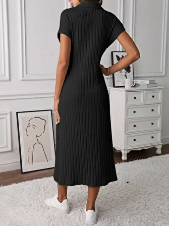 Reka Moda Kadın Kısa Kollu Yakalı Yandan Yırtmaçlı Kalın Fitilli Kaşkorse Elbise