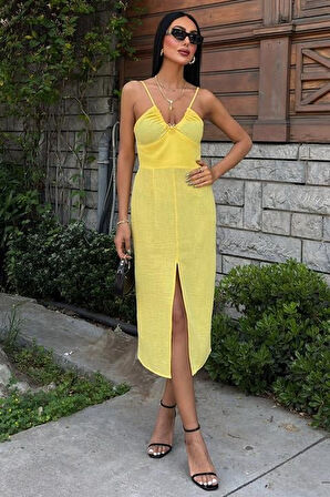 Reka Moda Göğsü Aksesuarlı Önü Yırtmaçlı Elbise 2899