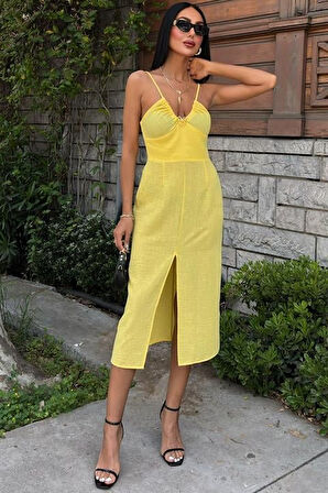 Reka Moda Göğsü Aksesuarlı Önü Yırtmaçlı Elbise 2899