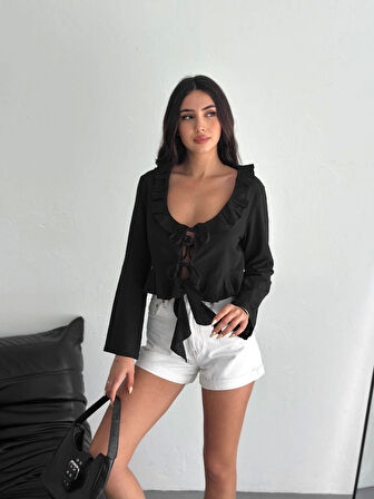 Reka Moda Keten Uzun Kol Bağacık Detaylı Bluz - Siyah