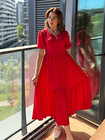 Reka Moda Kadın Kısa Kollu Yakası Açık Katlı Bürümcük Balon Elbise