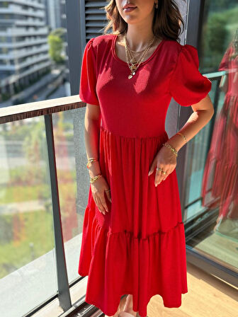 Reka Moda Kadın Kısa Kollu Yakası Açık Katlı Bürümcük Balon Elbise