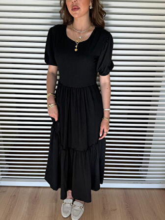 Reka Moda Kadın Kısa Kollu Yakası Açık Katlı Bürümcük Balon Elbise