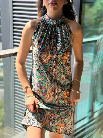 Reka Moda Kadın Kolsuz Boyundan Askılı Desenli Midi Süprem Elbise