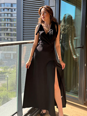 Reka Moda Kadın Askılı Omuzdan Bağlamalı Kruvaze Yakalı Uzun Yırtmaçlı Janjan Krep Elbise