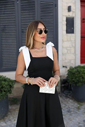 Reka Moda Kadın Omuzlardan Kurdela Askılı çift Renkli Kiloş Ithal Krep Elbise