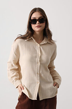 Reka Moda Müslin Uzun Kol Gömlek - Bej