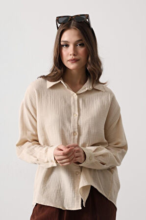 Reka Moda Müslin Uzun Kol Gömlek - Bej