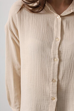Reka Moda Müslin Uzun Kol Gömlek - Bej