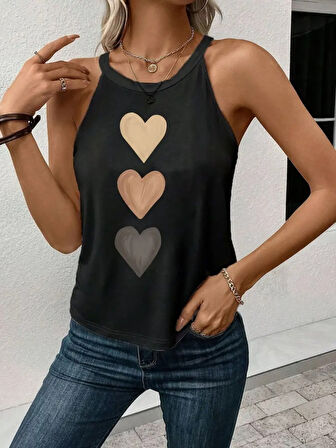 Reka Moda Kadın Omuzlardan Açık Boyundan Askılı Kalp Baskılı Viskon Bluz