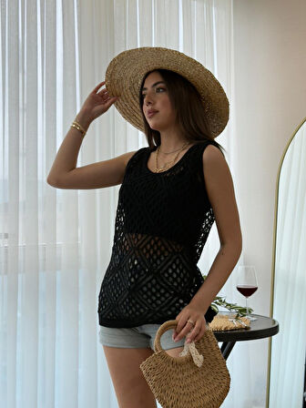 Reka Moda Kadın Askılı Yuvarlak Yaka Geometrik Desenli Triko Bluz