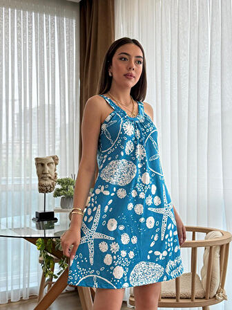 Reka Moda Kadın Askılı Deniz Yıldızı Desenli Süprem Elbise