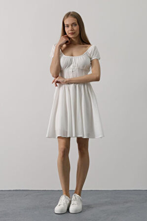 Reka Moda Beli Korseli Mini Elbise - Beyaz