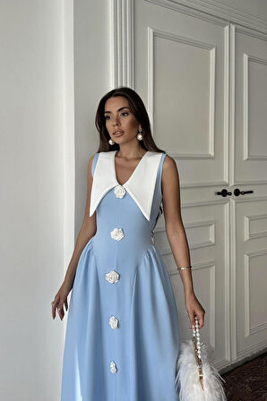 Reka Moda Mavi Gül Detaylı Atlas Elbise