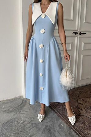 Reka Moda Mavi Gül Detaylı Atlas Elbise